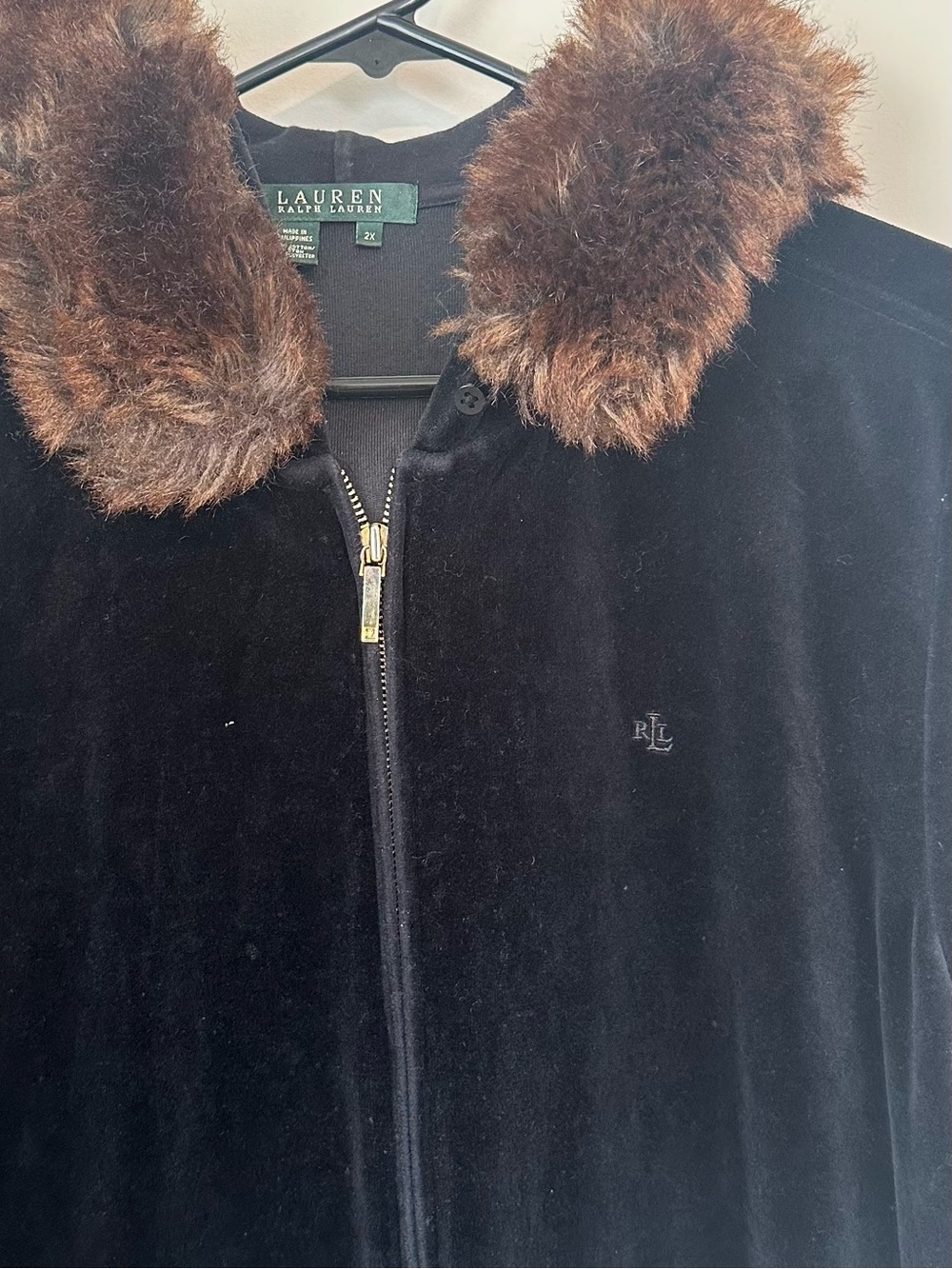 Ralph Lauren Navy Black Velvet Velour Zip Jacket with Removable Faux Fur Trim 2X - Picture 3 of 5